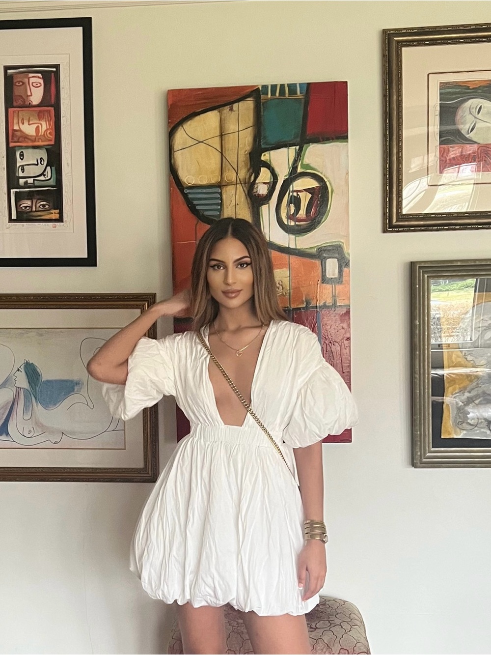 PrettyLittleThing Elegant White Puff-Sleeve Mini Dress